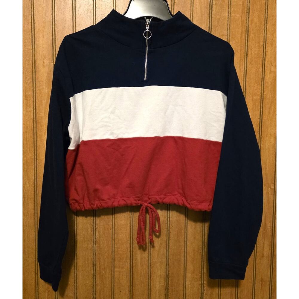 Flirtitude Active Shirt Women Sz M Red White Blue‎ Crop Long Sleeve Drawstring.